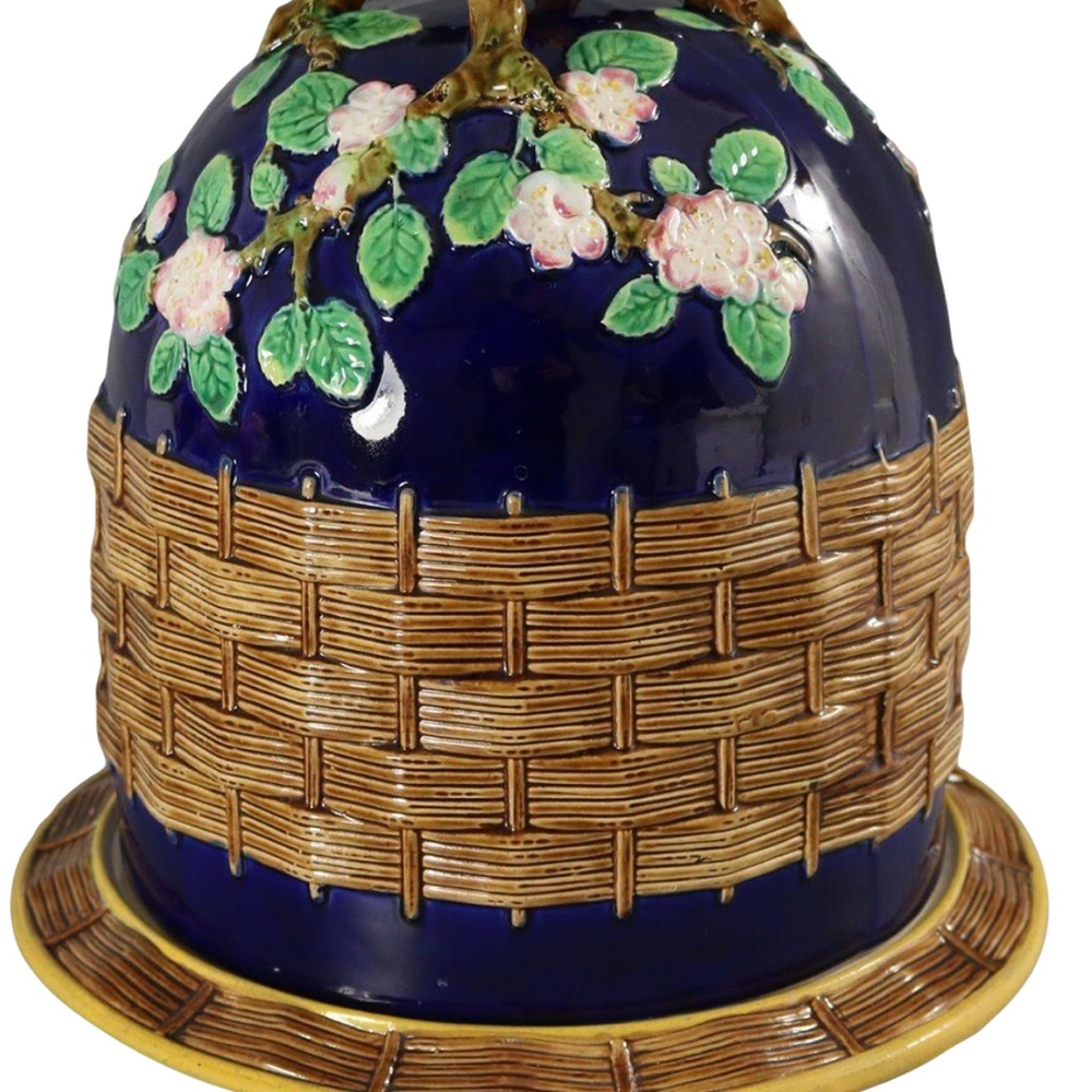 George Jones Apple Blossom Vintage Antique Cobalt Blue Cheese Dome Keeper